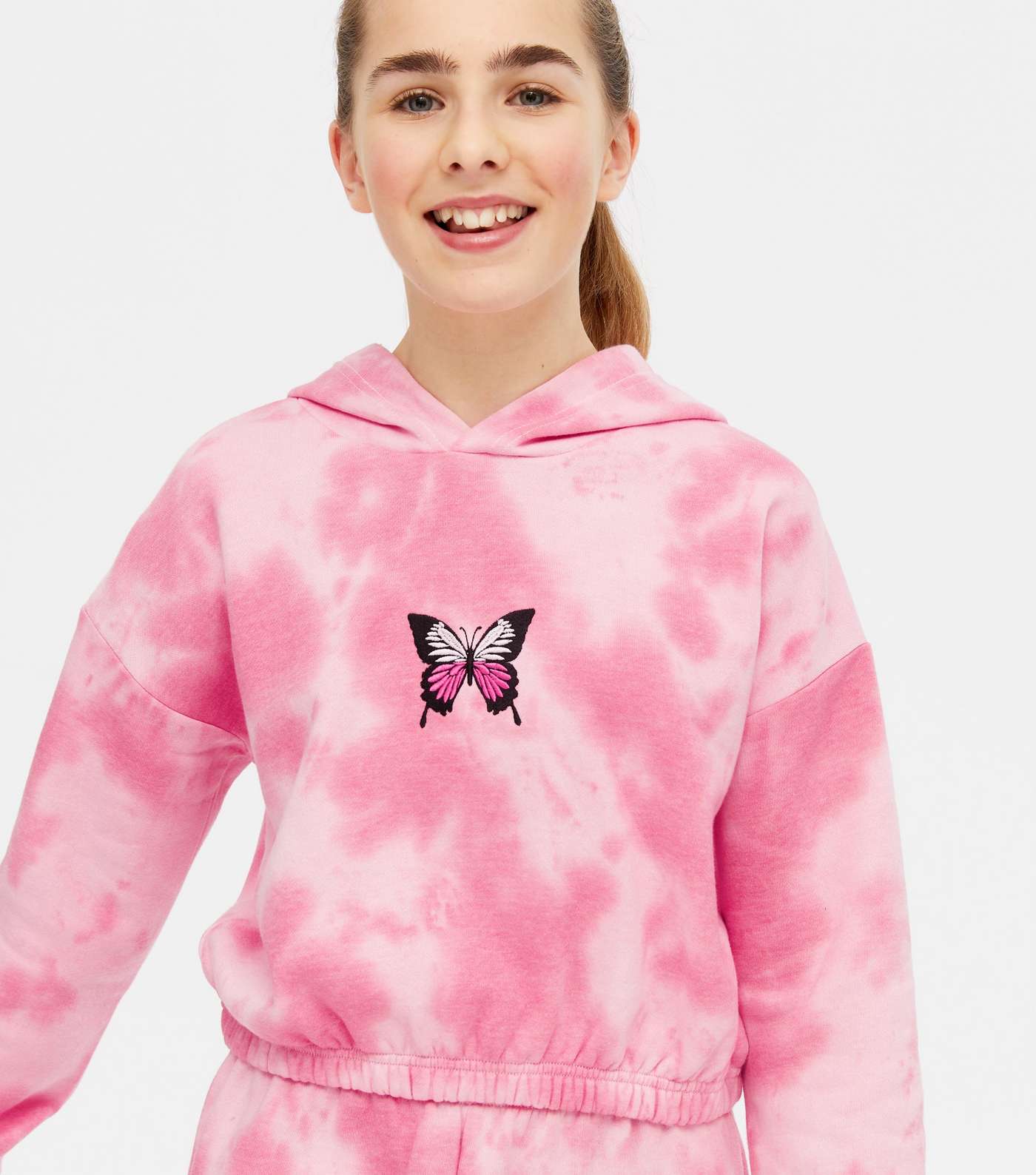 Girls Pink Tie Dye Butterfly Logo Hoodie Image 4