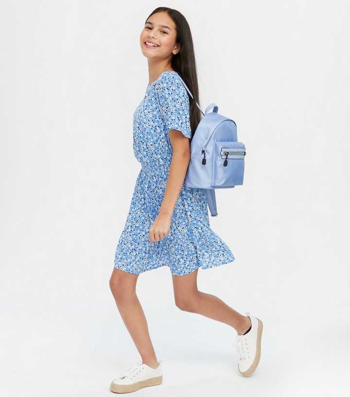 Girls Pale Blue Ditsy Floral Frill Trim Dress