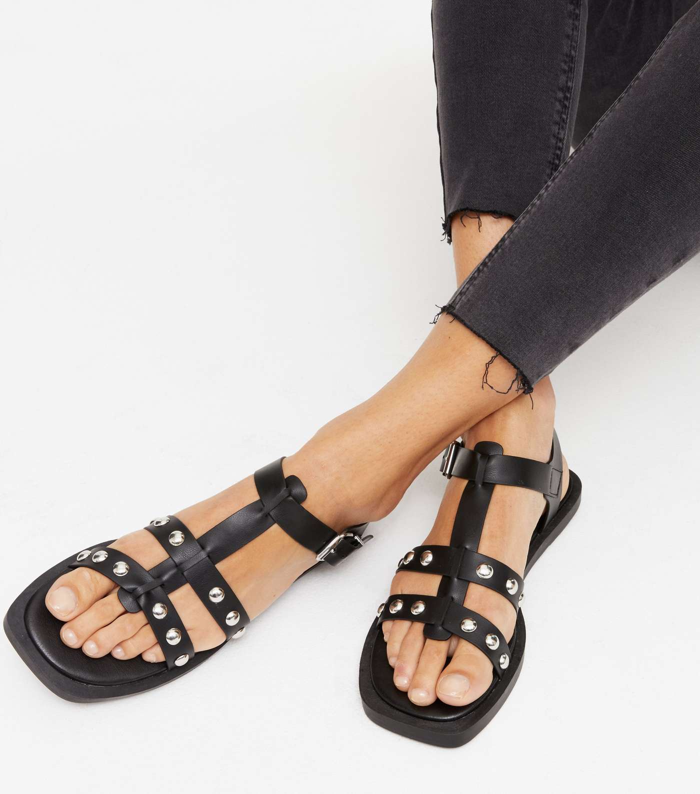 Black Leather-Look Studded Flat Sandals  Image 2