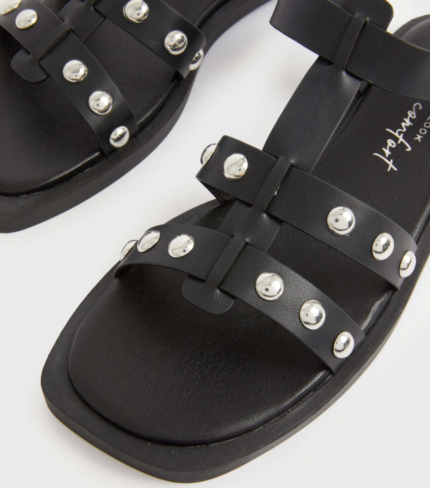 Black Leather-Look Studded Flat Sandals  Image 4