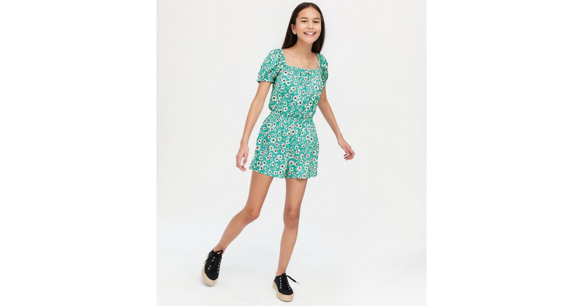 Girls Green Floral Square Neck Playsuit New Look 7327