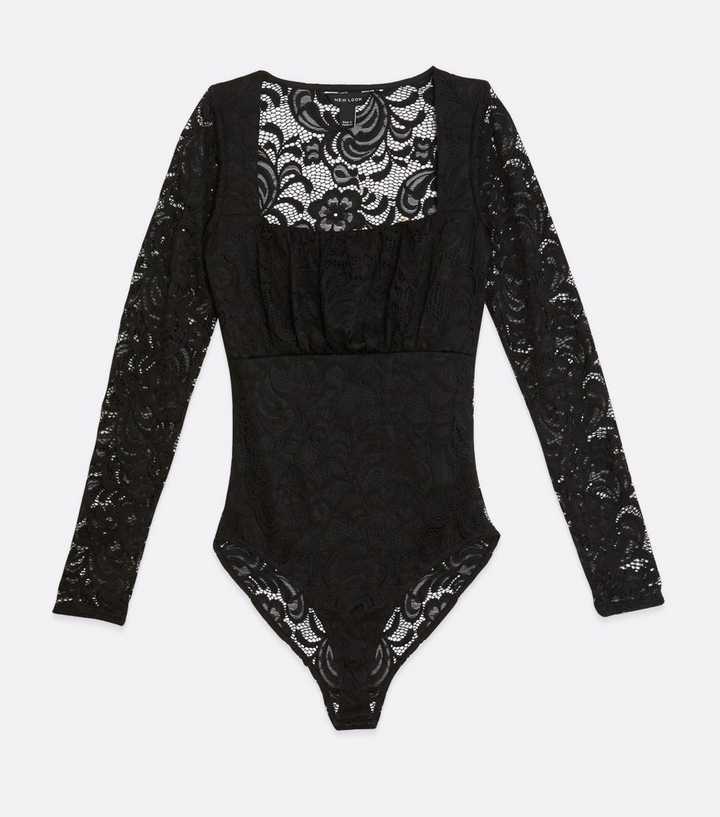 RUCHED LACE BODYSUIT - Black