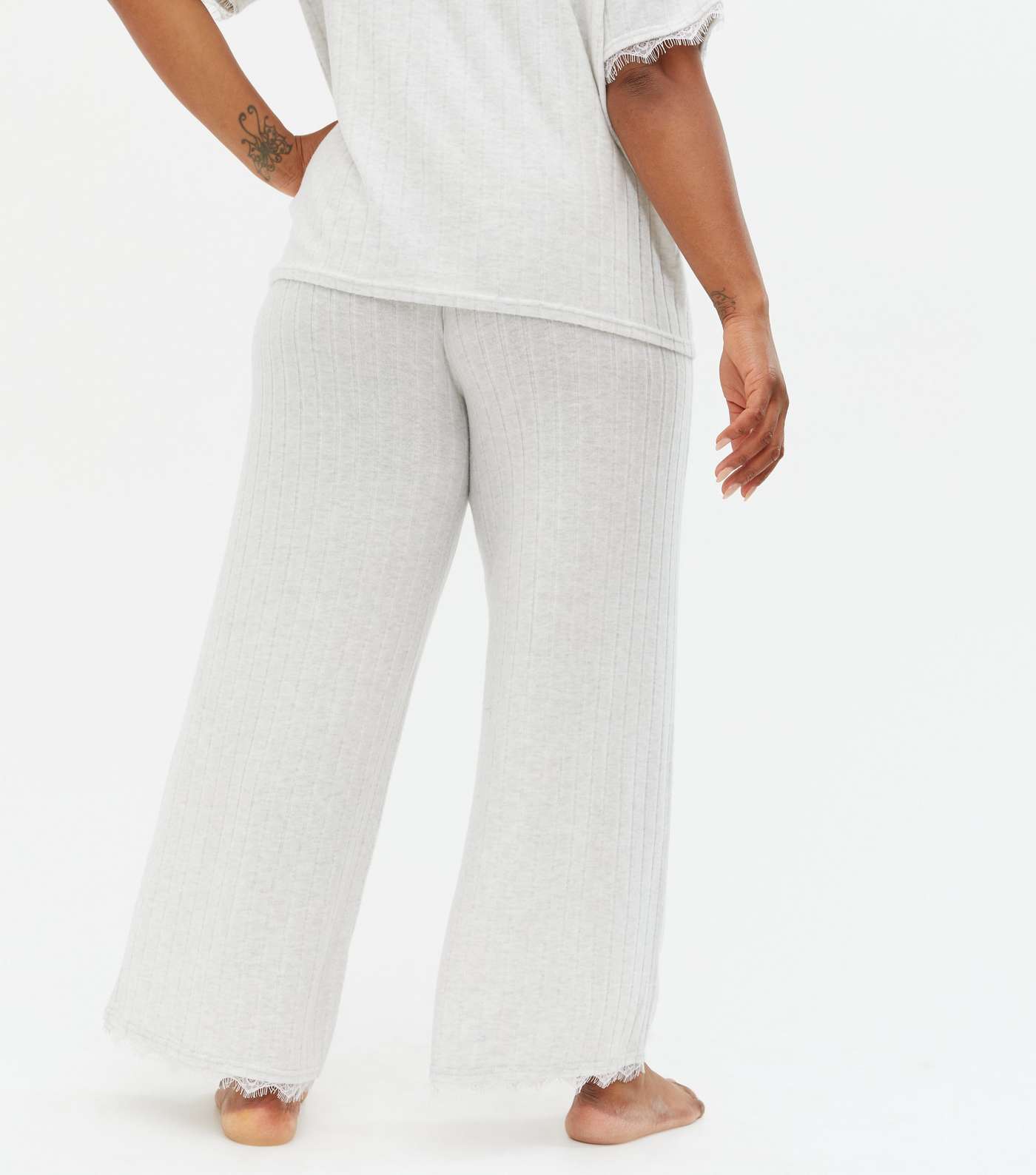 Curves Pale Grey Ribbed Lace Hem Lounge Trousers Image 4