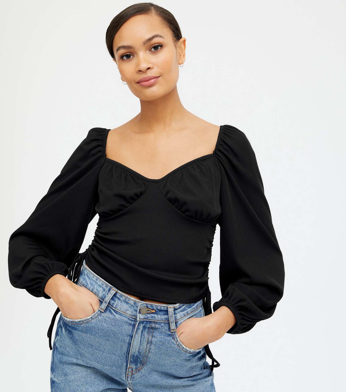 Black Ruched Side Puff Sleeve Top