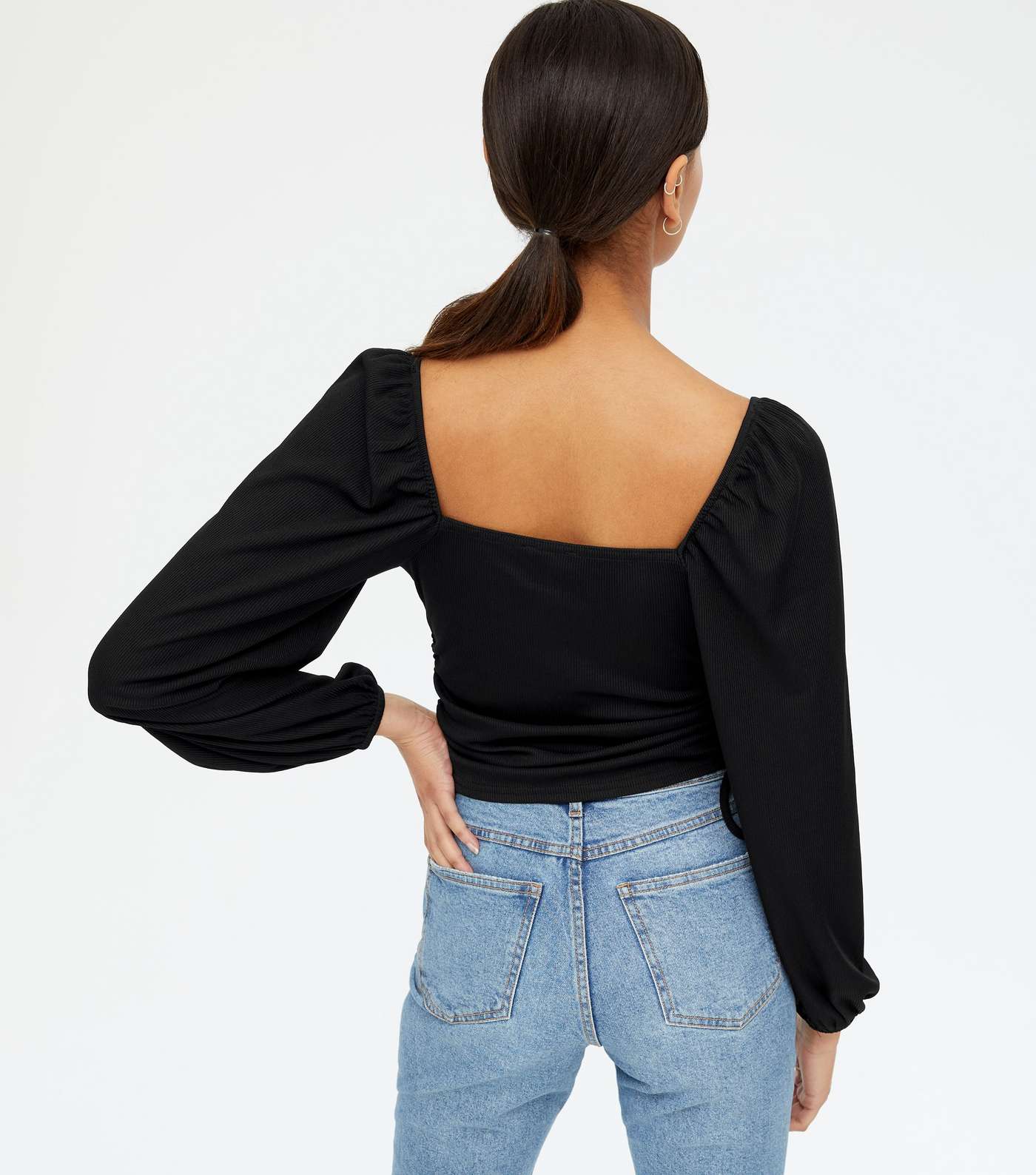 Black Ruched Side Puff Sleeve Top Image 3