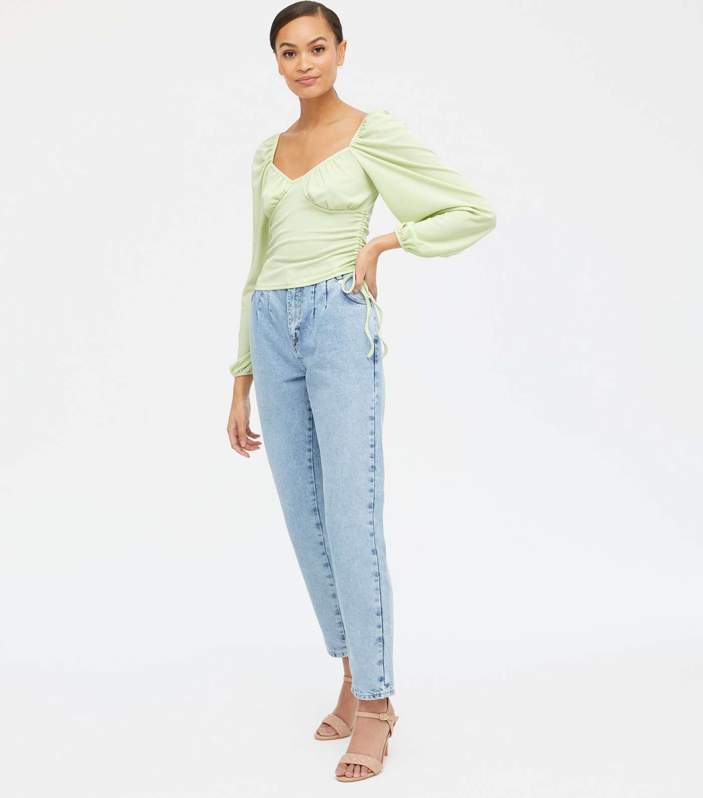 Light Green Ruched Side Puff Sleeve Top Image 2