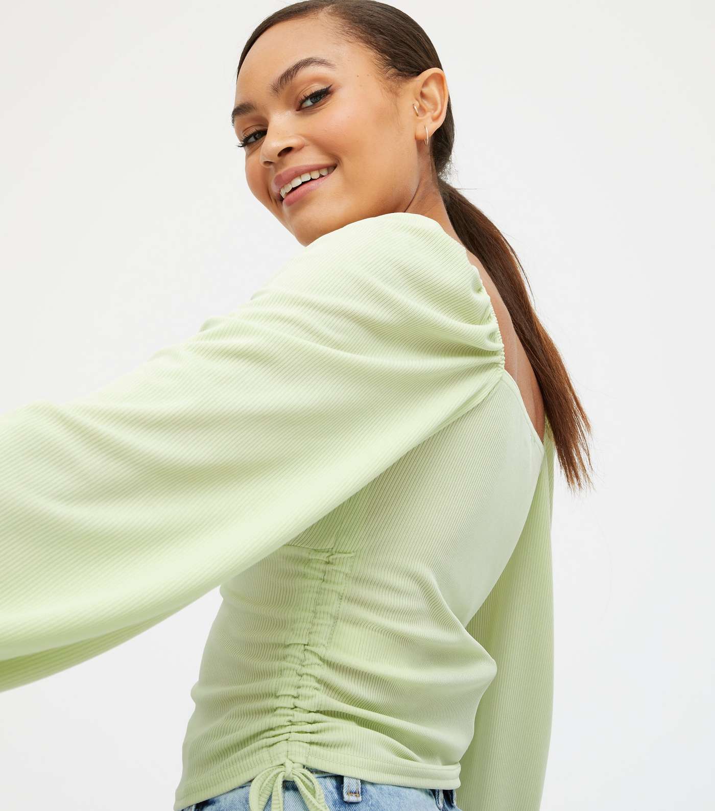 Light Green Ruched Side Puff Sleeve Top Image 4