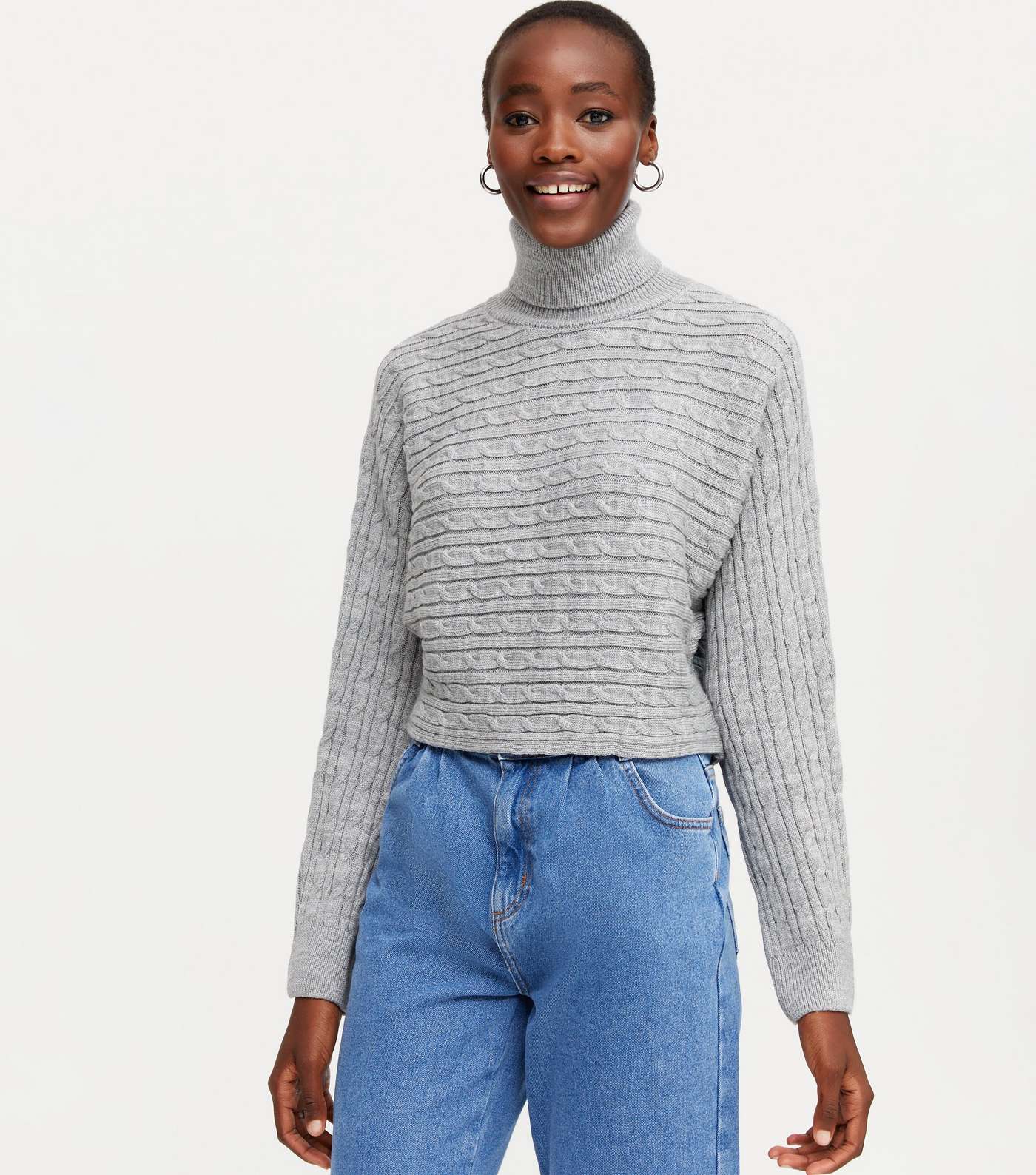 Tall Grey Cable Knit Roll Neck Jumper