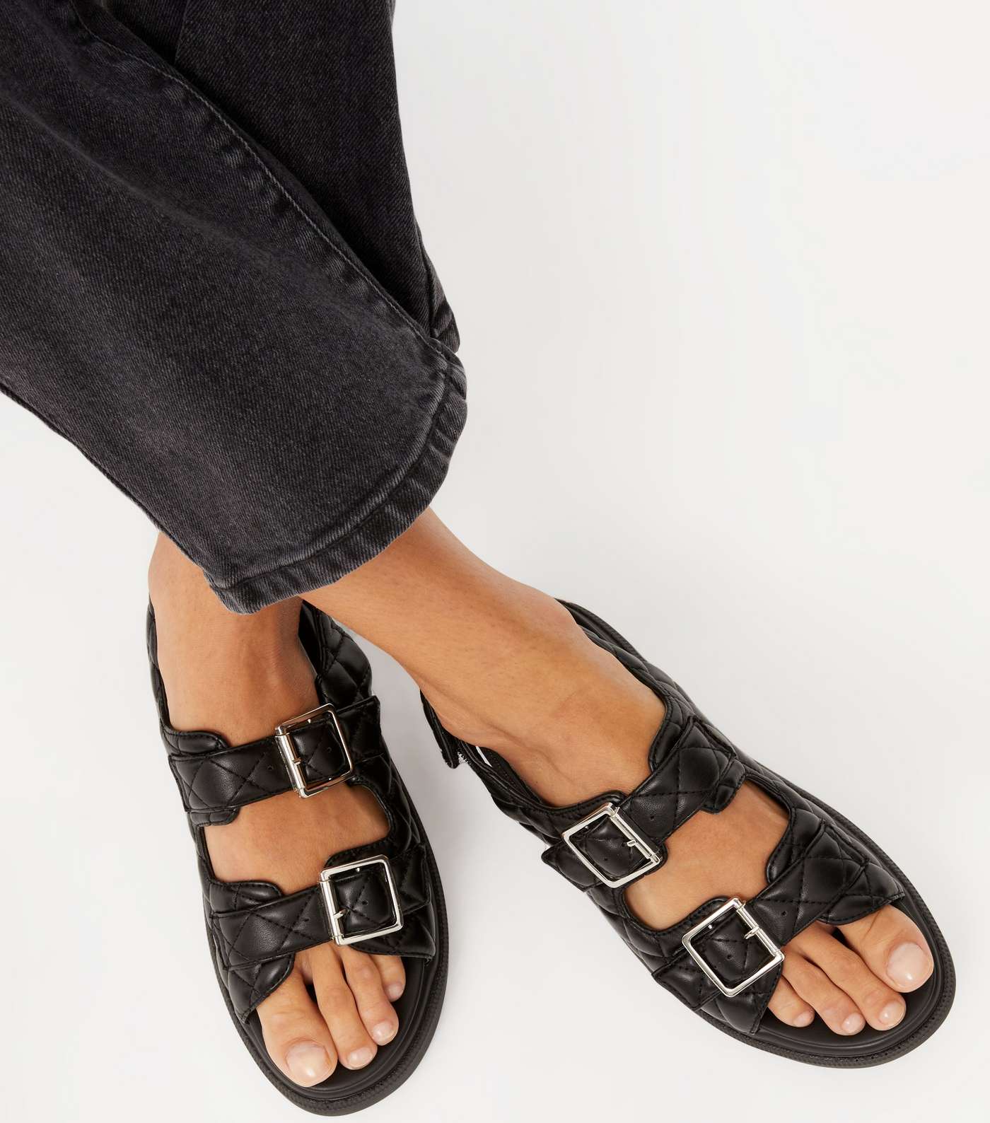 Black Quilted Chunky Footbed Sandals Image 2