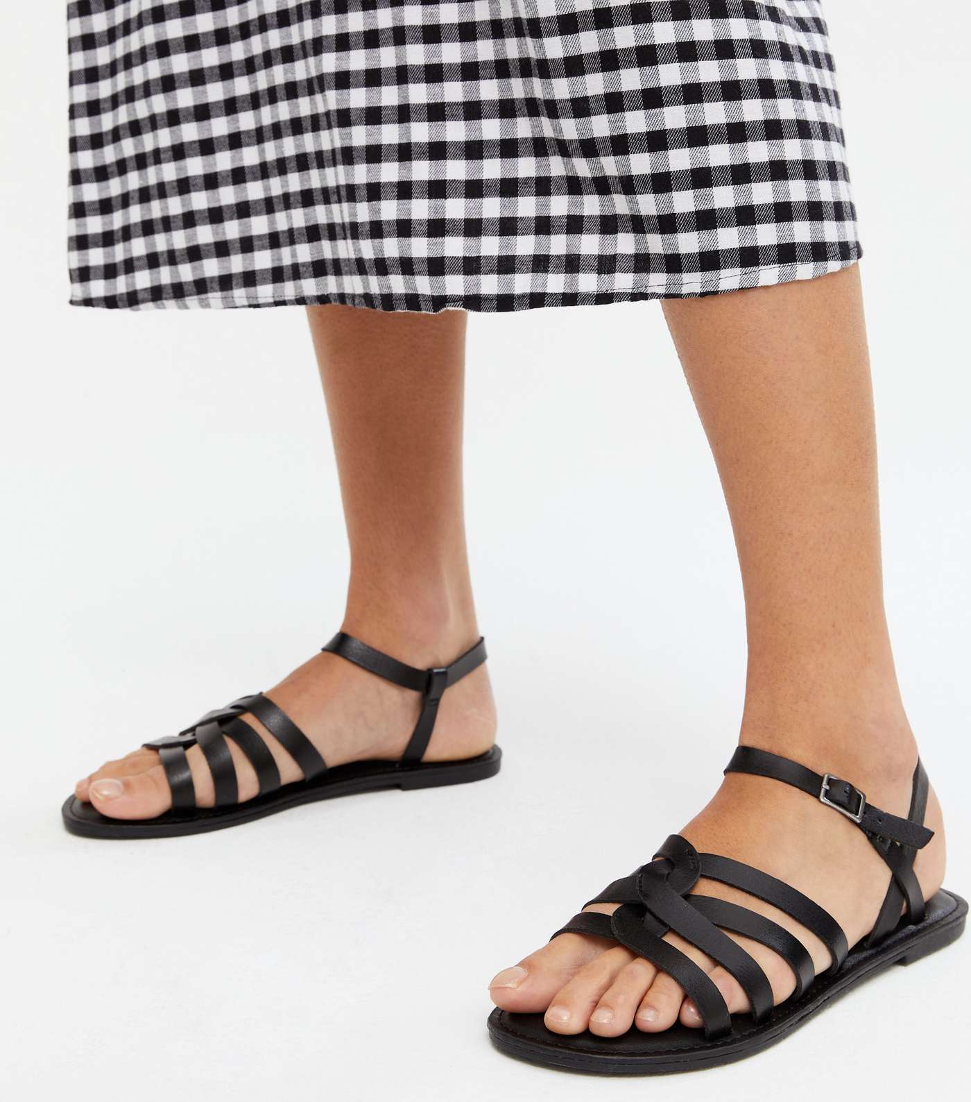 Black Leather-Look Flat Gladiator Sandals Image 2
