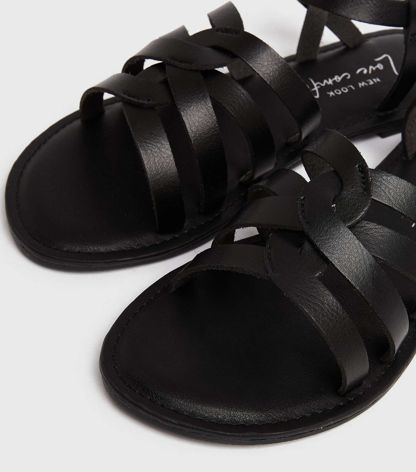 Black Leather-Look Flat Gladiator Sandals Image 4