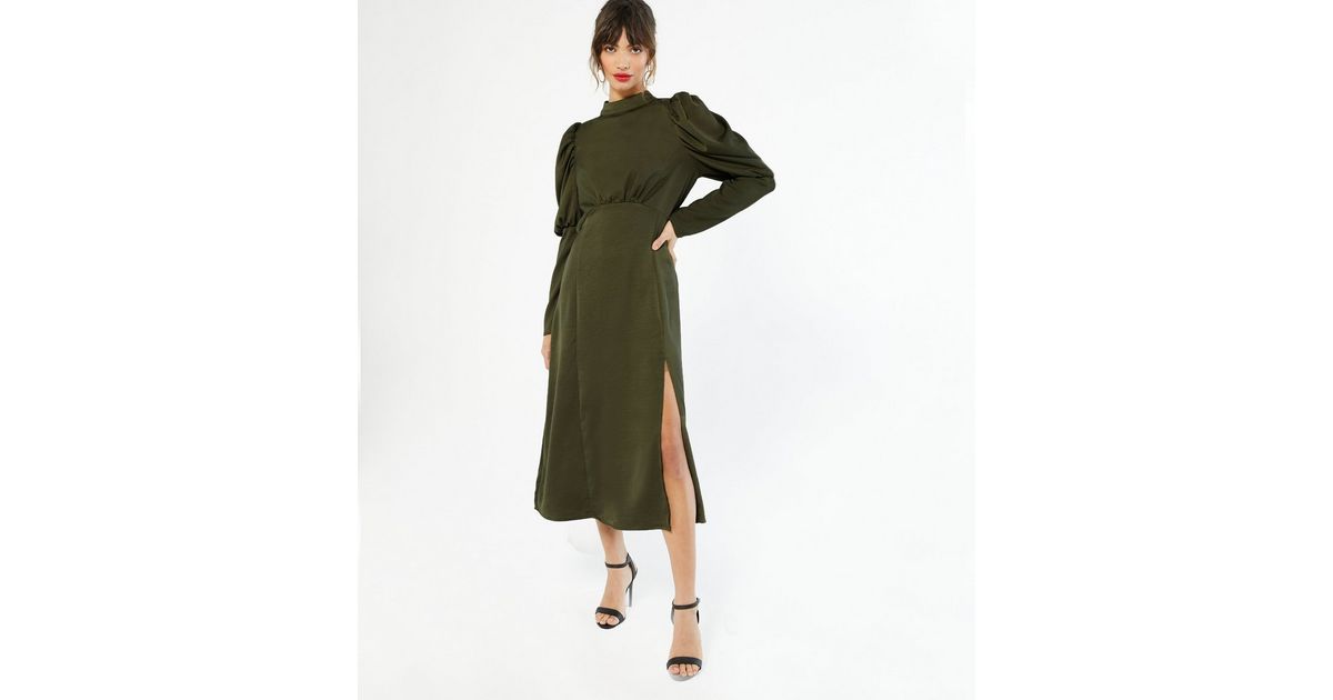 AX Paris Khaki High Neck Puff Sleeve Midi Dress | New Look
