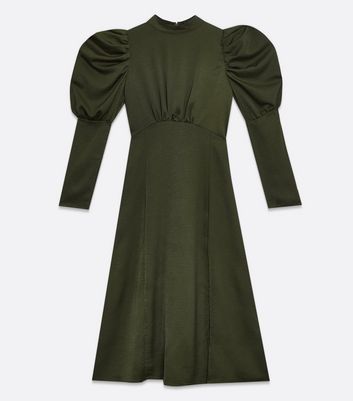 Image of AX Paris Khaki High Neck Puff Sleeve Midi Dress New Look
