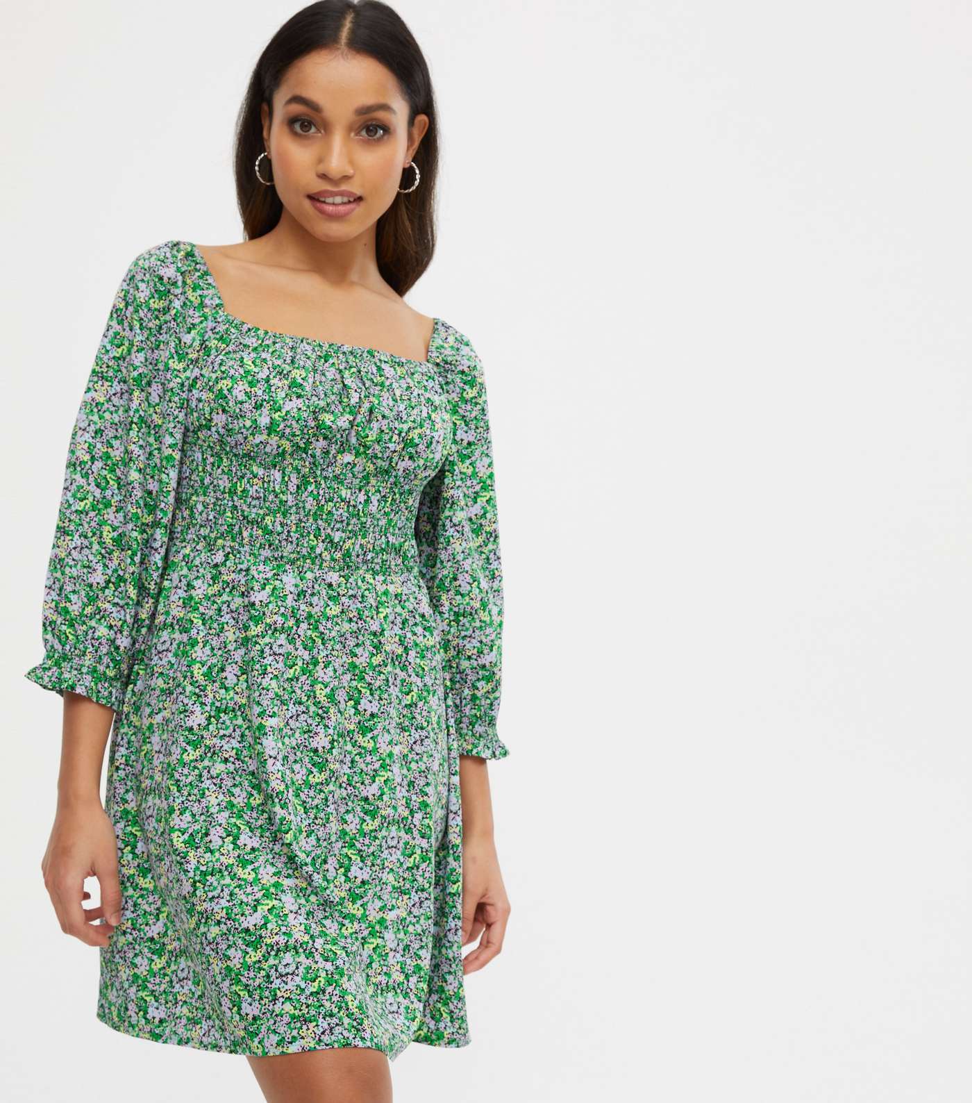 Petite Green Floral Square Neck Shirred Dress