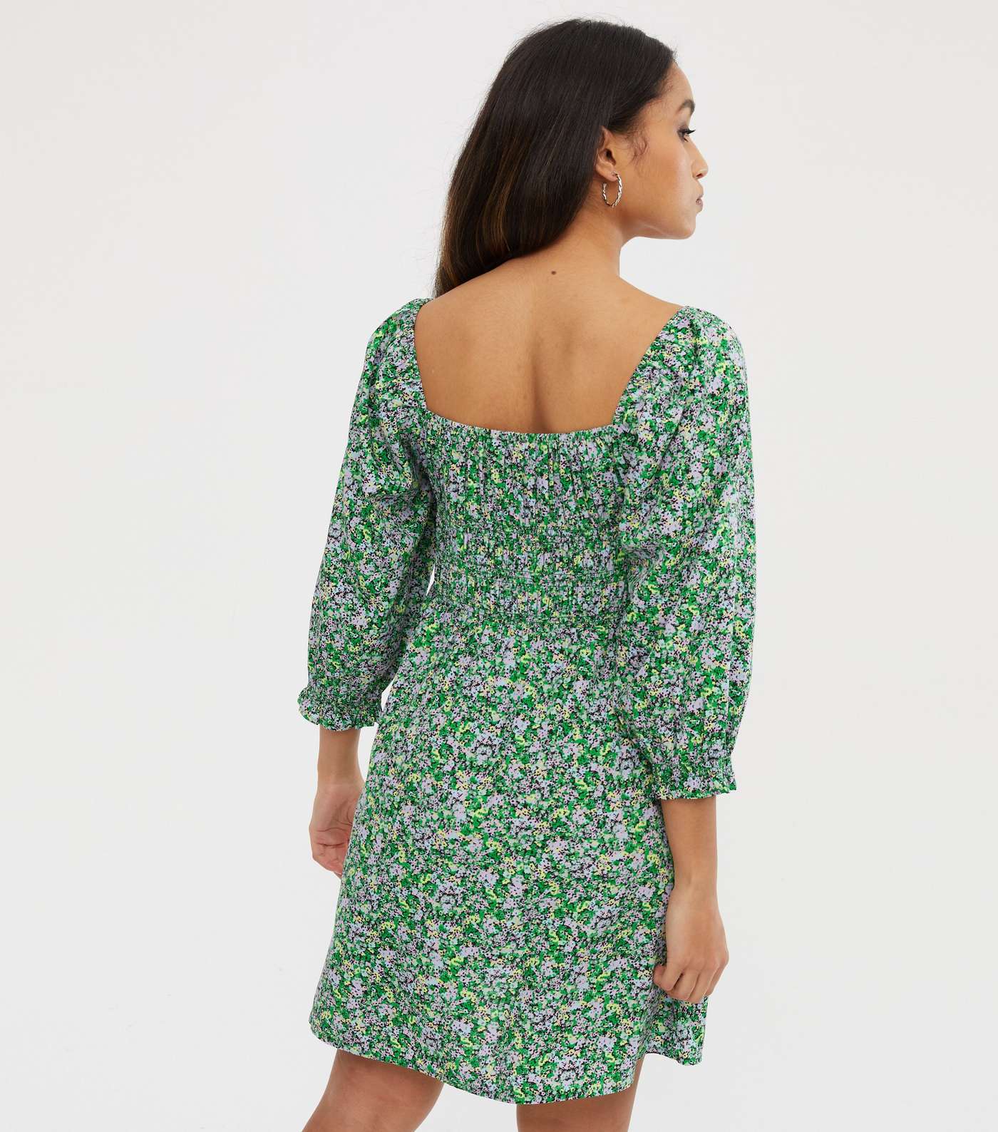 Petite Green Floral Square Neck Shirred Dress Image 3