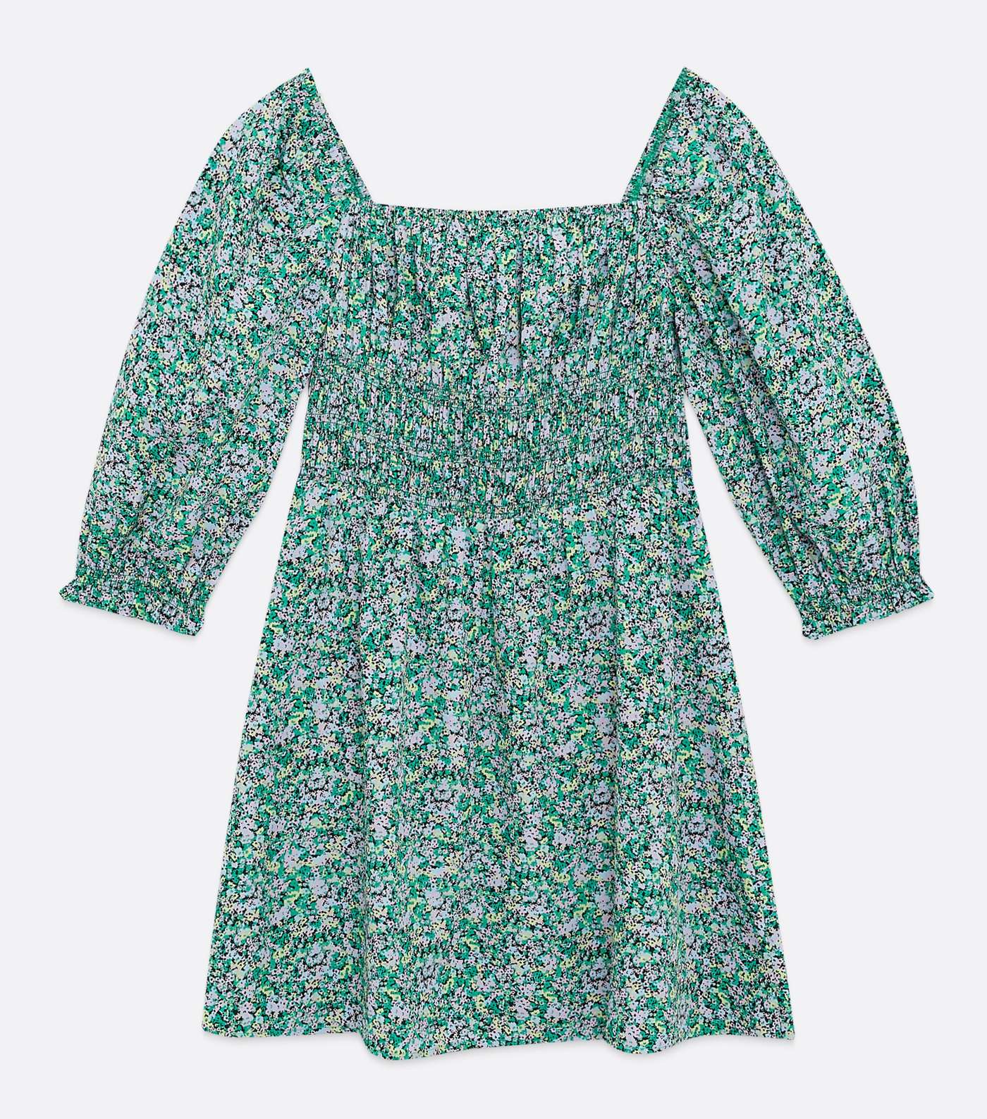 Petite Green Floral Square Neck Shirred Dress Image 5