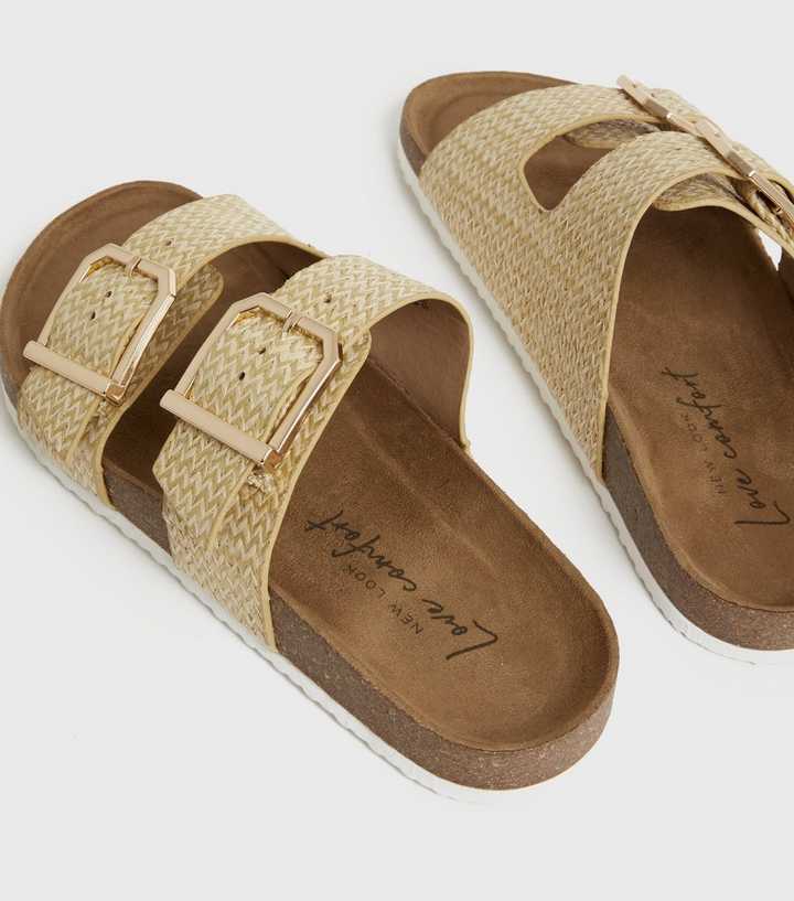 Cream raffia double buckle sliders