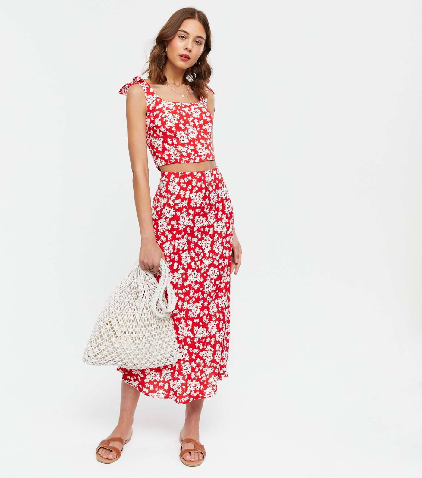 Red Ditsy Floral Midi Skirt 