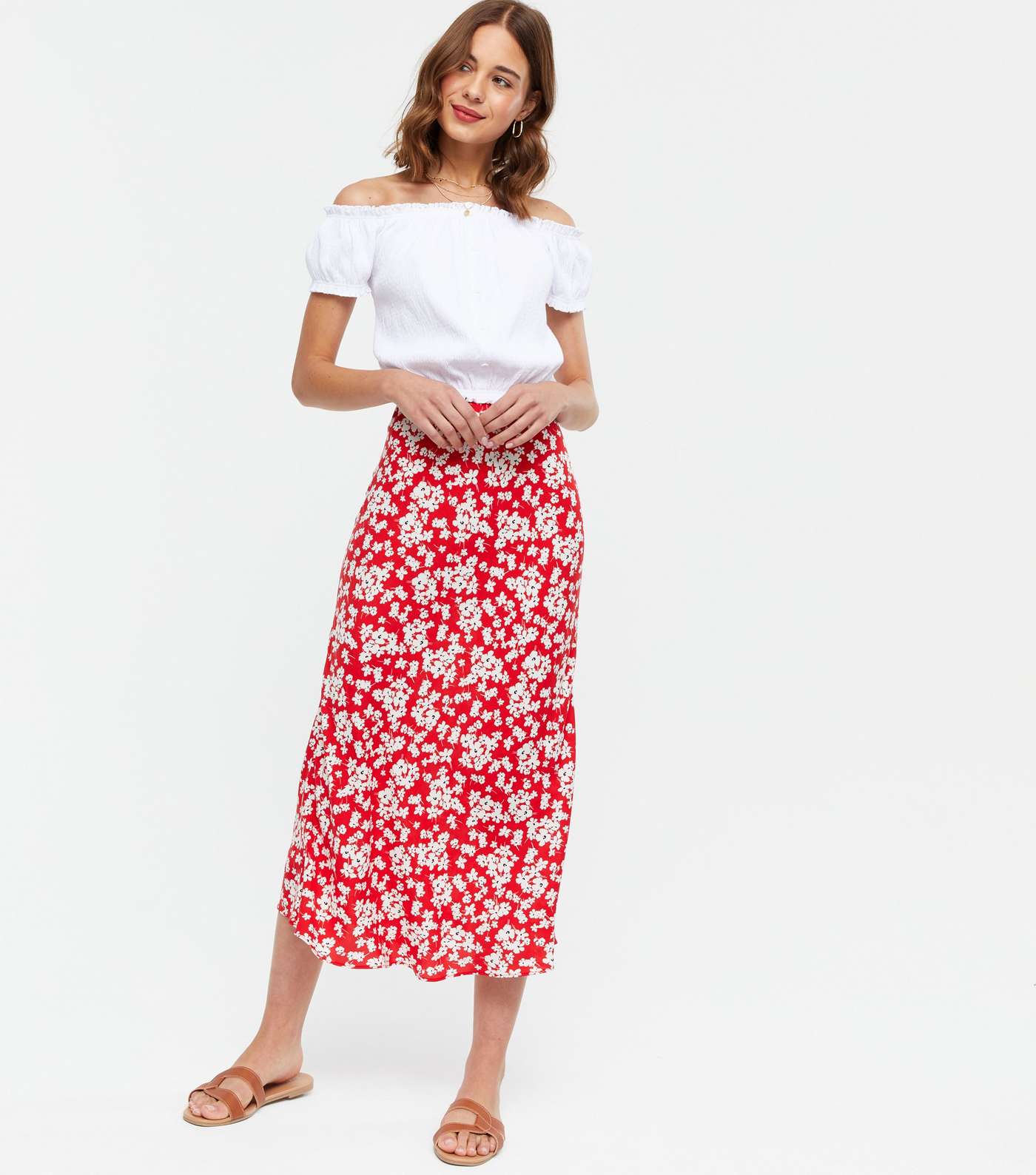 Red Ditsy Floral Midi Skirt  Image 5