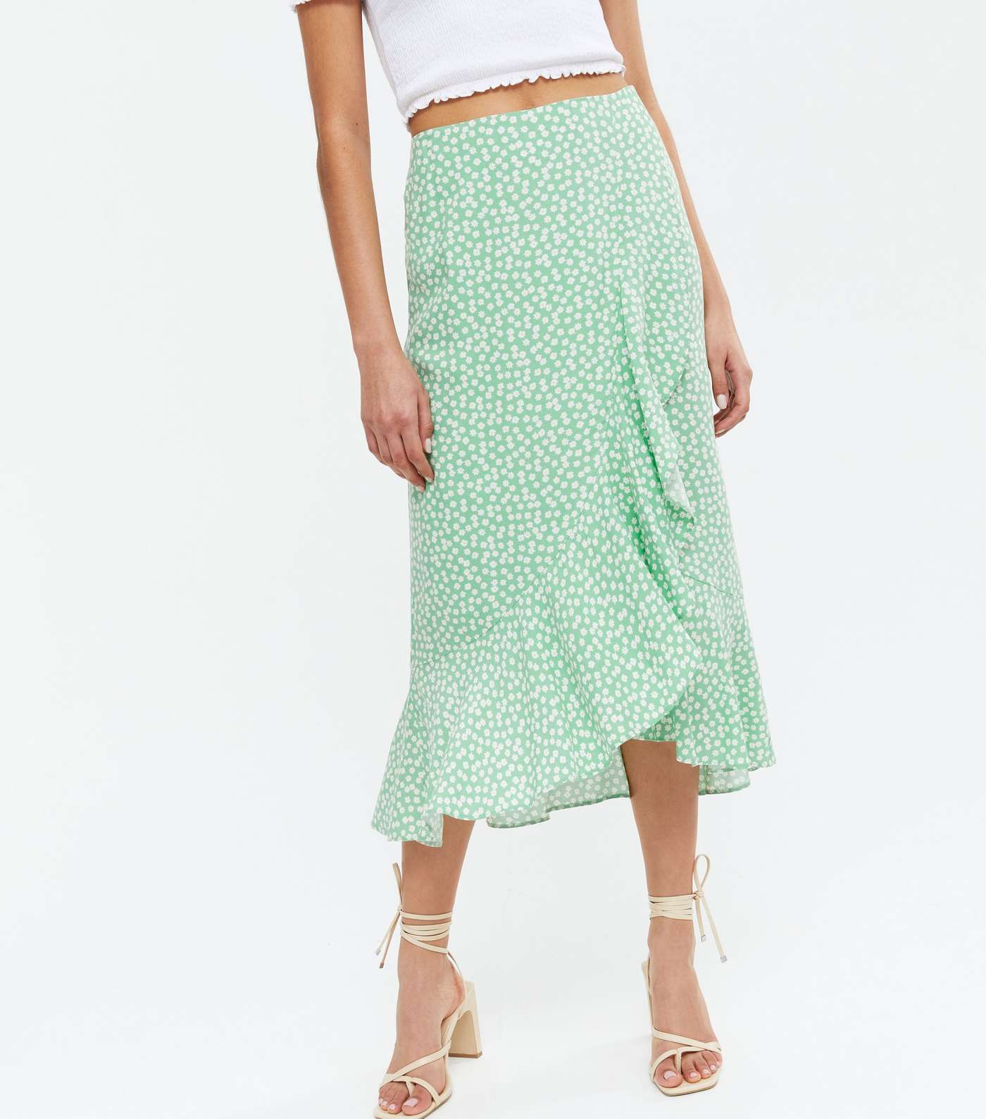 Green Ditsy Floral Ruffle Wrap Midi Skirt Image 2