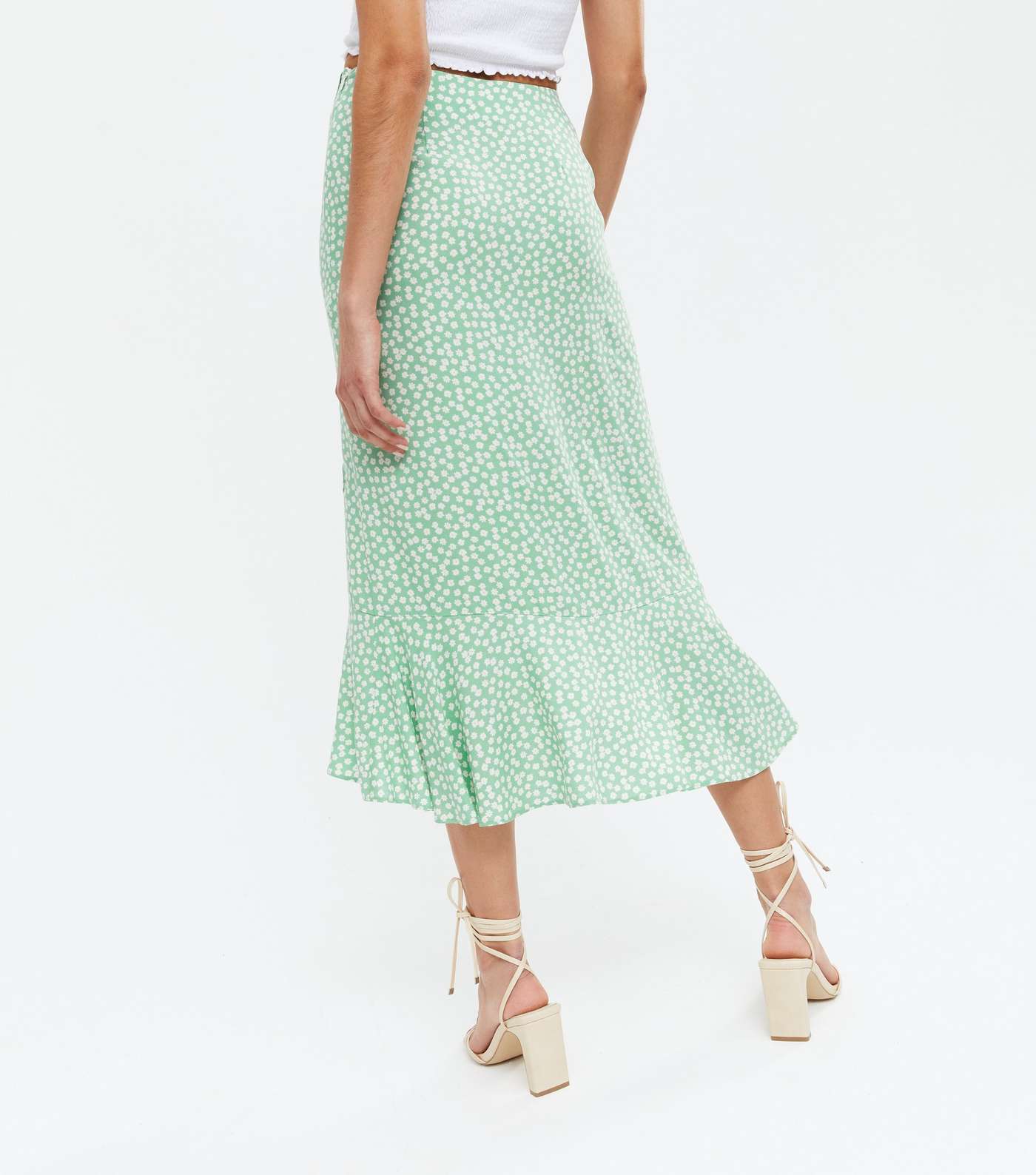 Green Ditsy Floral Ruffle Wrap Midi Skirt Image 4