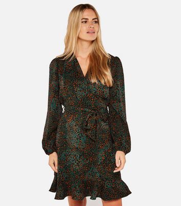 Image of Apricot Green Leopard Print Frill Wrap Dress New Look