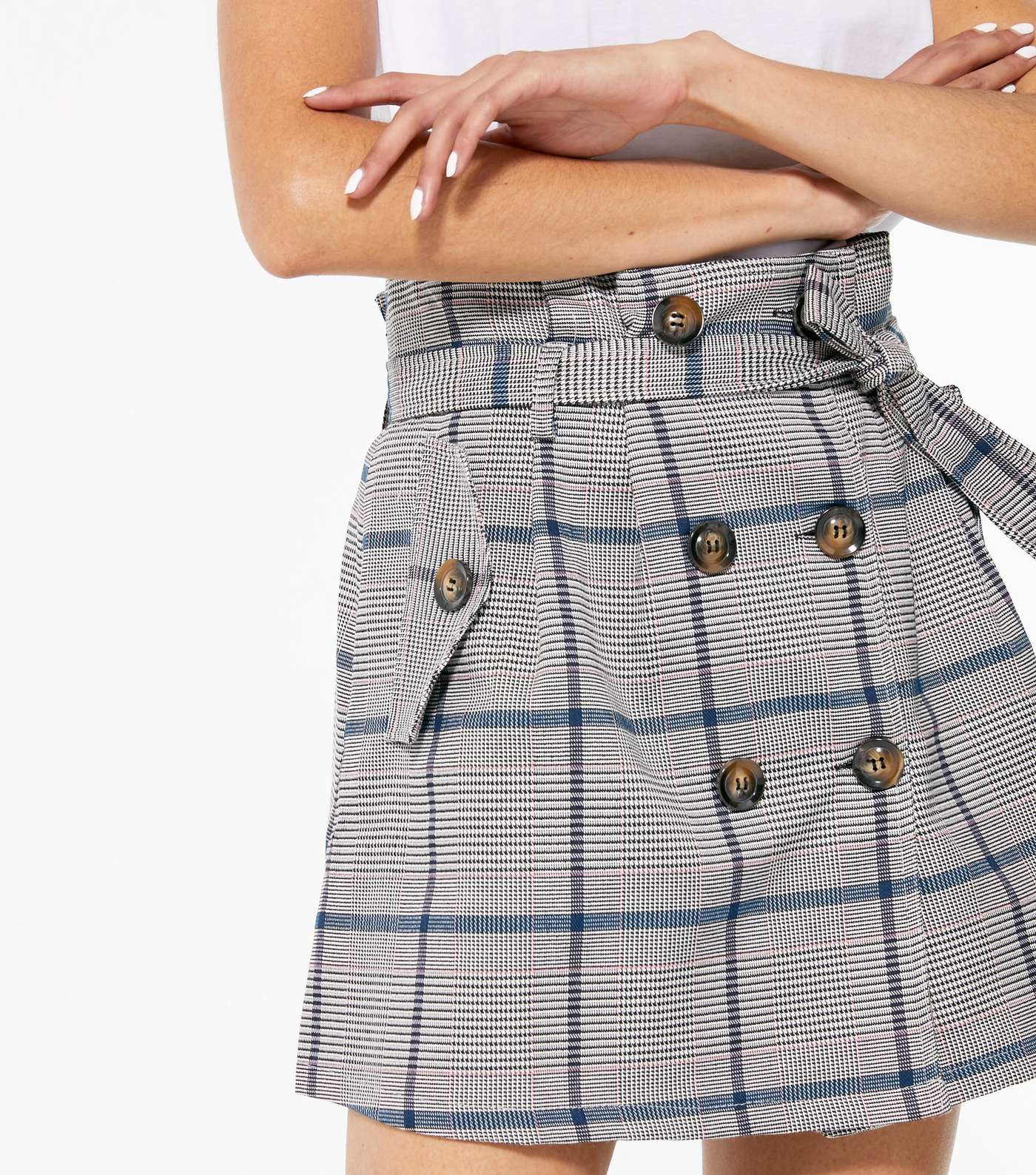 Pink Vanilla Light Grey Check Tie Waist Mini Skirt Image 4