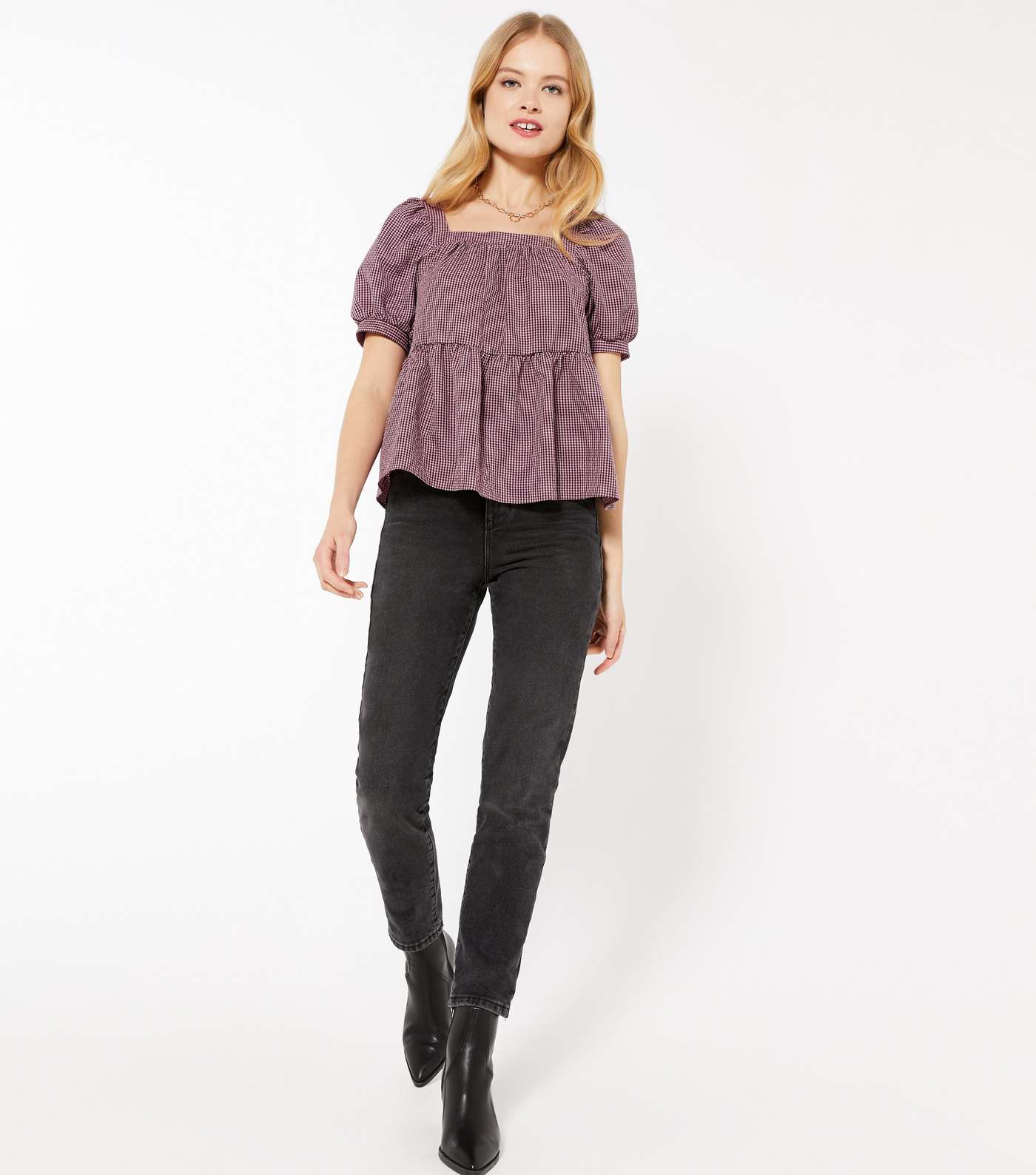 Deep Pink Check Square Neck Blouse  Image 2