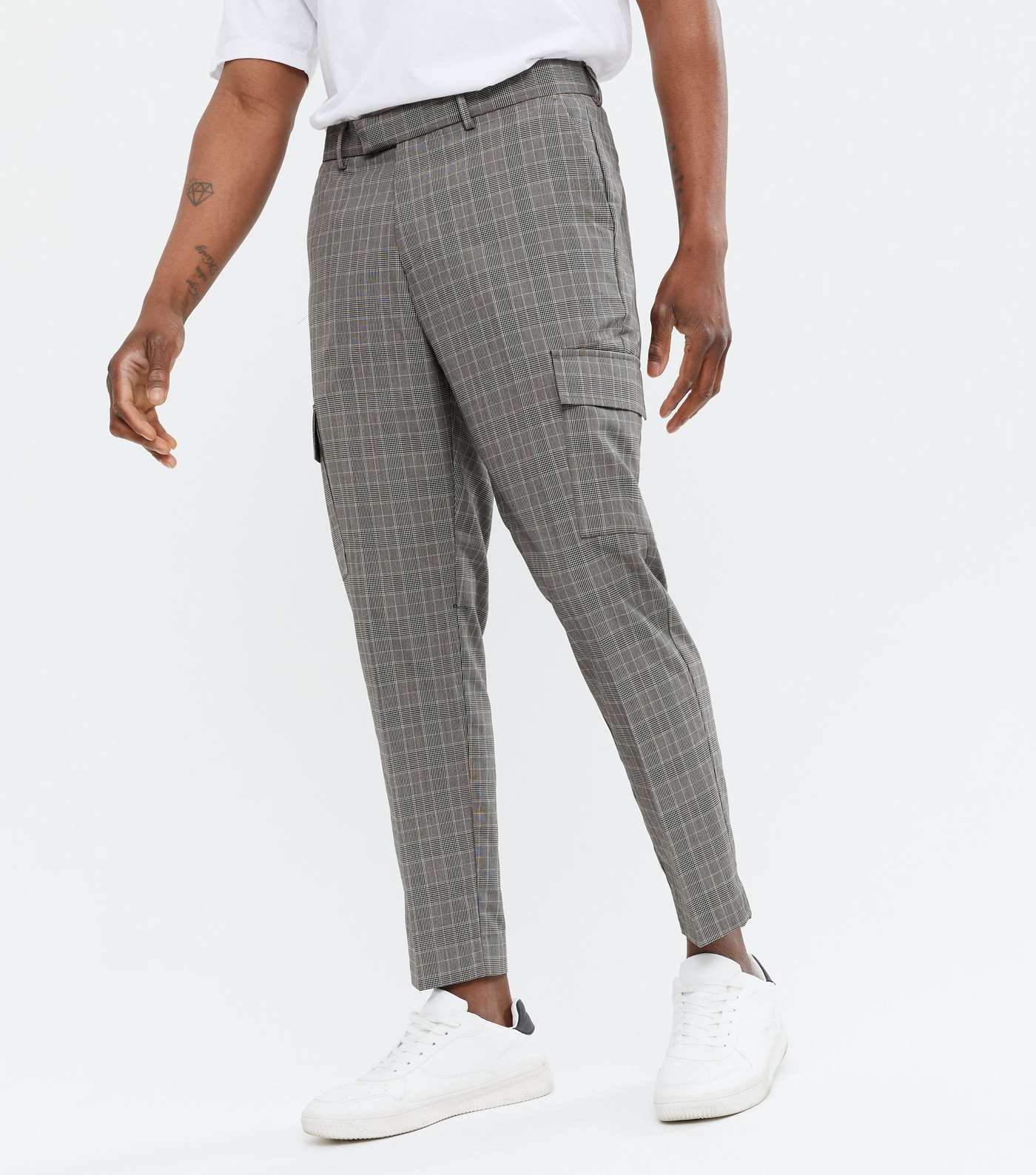Grey Check Tapered Cargo Trousers Image 2