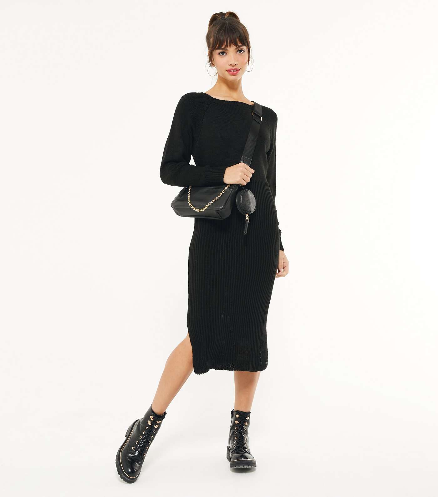 Mela Black Knit Ribbed Midi Dress