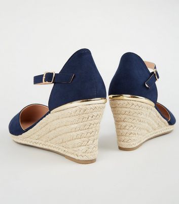 Wide Fit Navy Metal Trim Espadrille Wedges | New Look