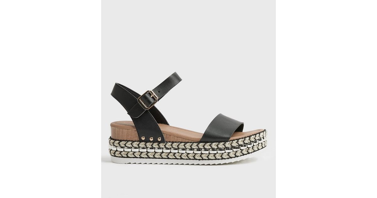 Black Embellished Espadrille Flatform Sandals | New Look