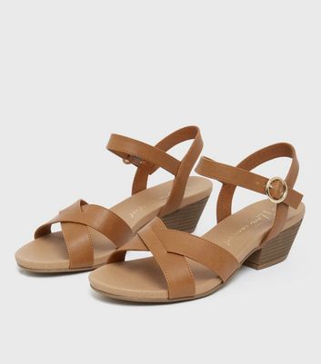 Tan Cuban Heel Cross Strap Sandals 