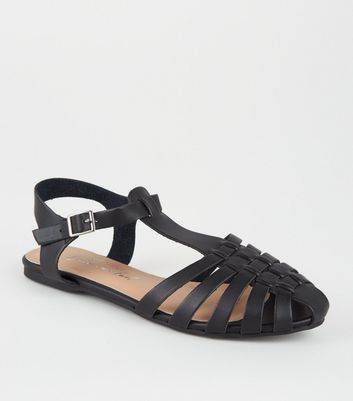 Black Leather Look Caged Sandals New Look