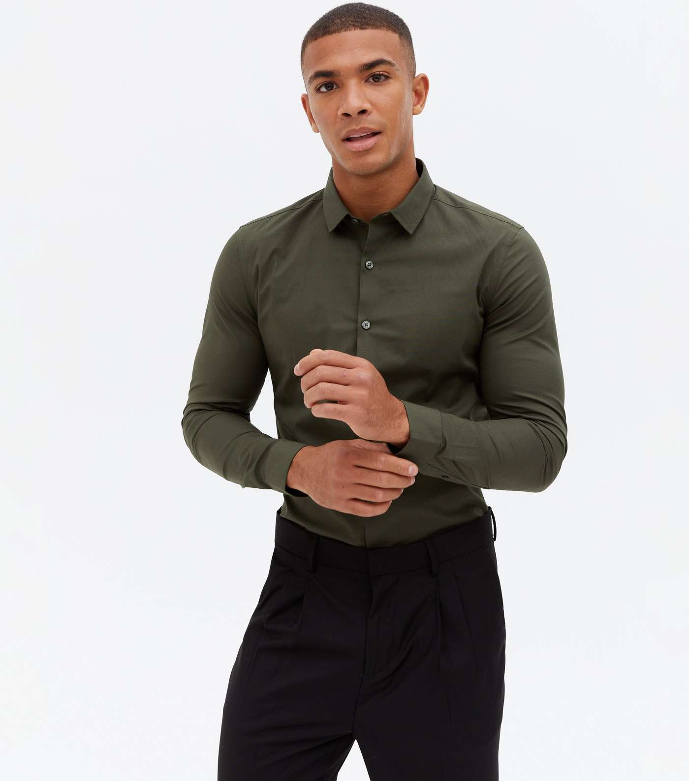 Khaki Poplin Long Sleeve Muscle Fit Shirt