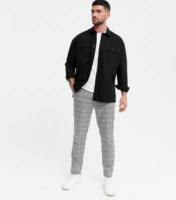 Pale Grey Grid Check Skinny Crop Trousers