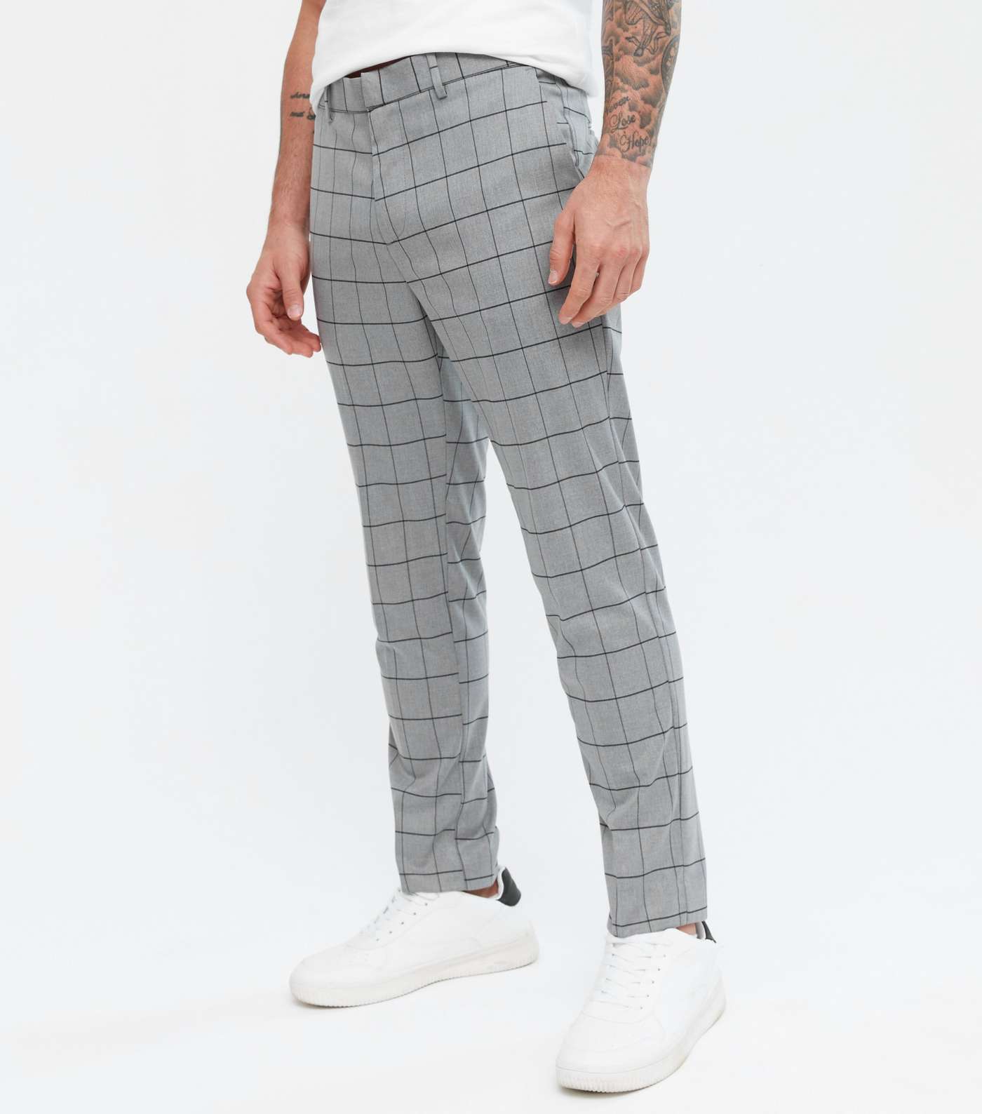 Pale Grey Grid Check Skinny Crop Trousers Image 2