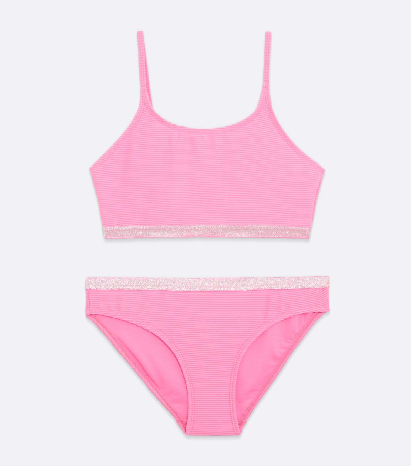 Girls Bright Pink Ribbed Glitter Trim Bikini Set