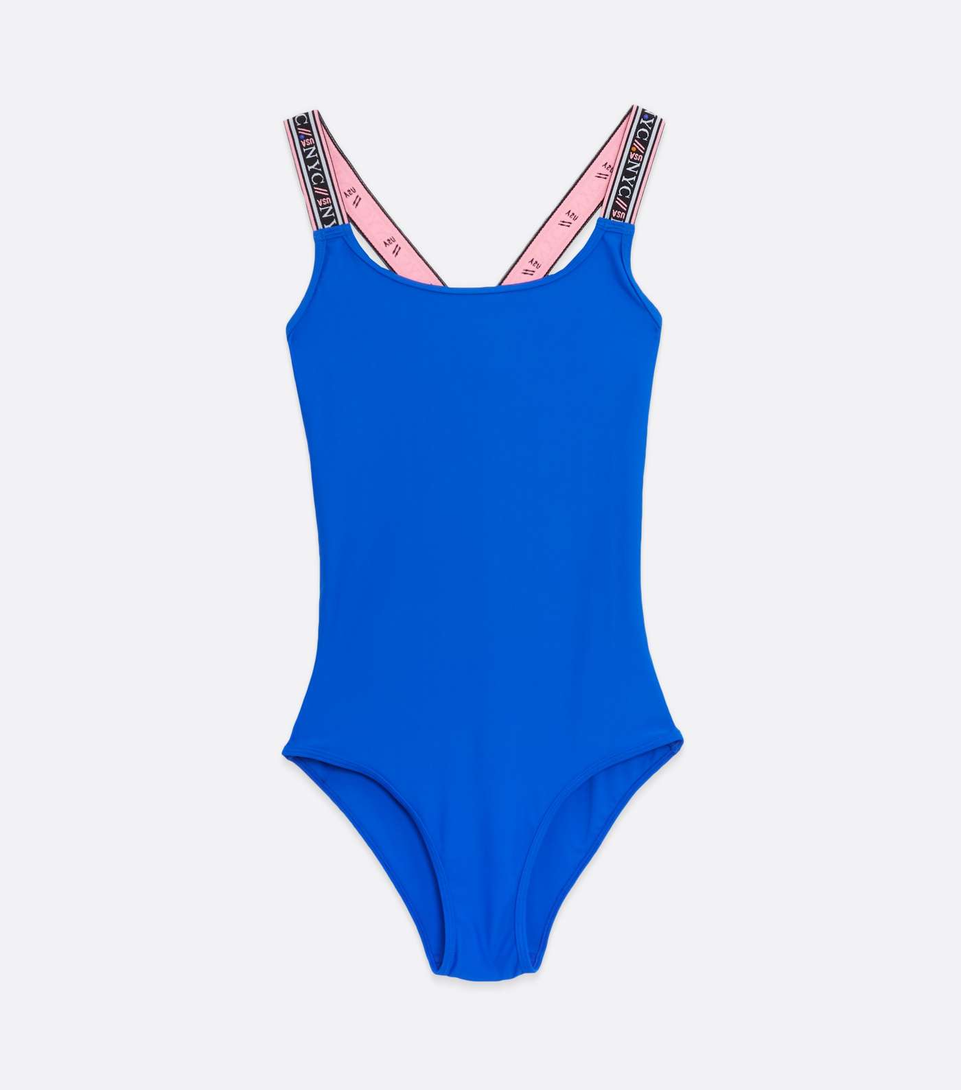 Girls Blue NYC Logo Strap Cross Back Swimsuit 