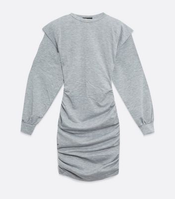 Image of Pink Vanilla Grey Hooded Shoulder Ruched Dress New Look