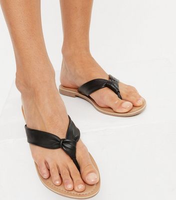 Black Leather Knot Flip Flops New Look