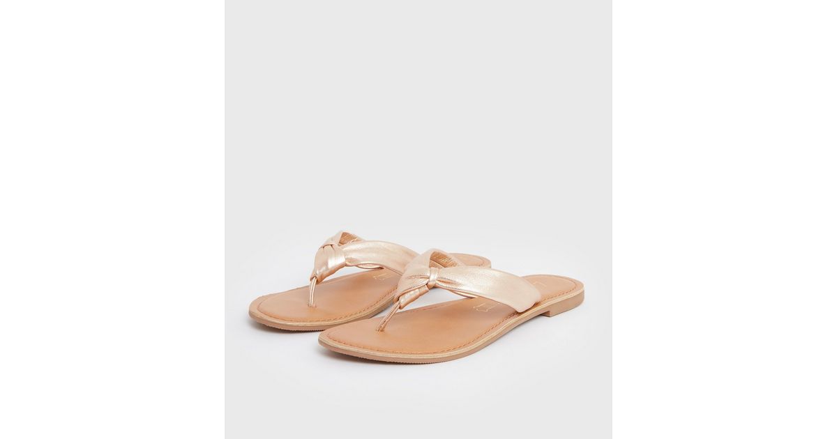 Rose Gold Leather Knot Flip Flops | New Look