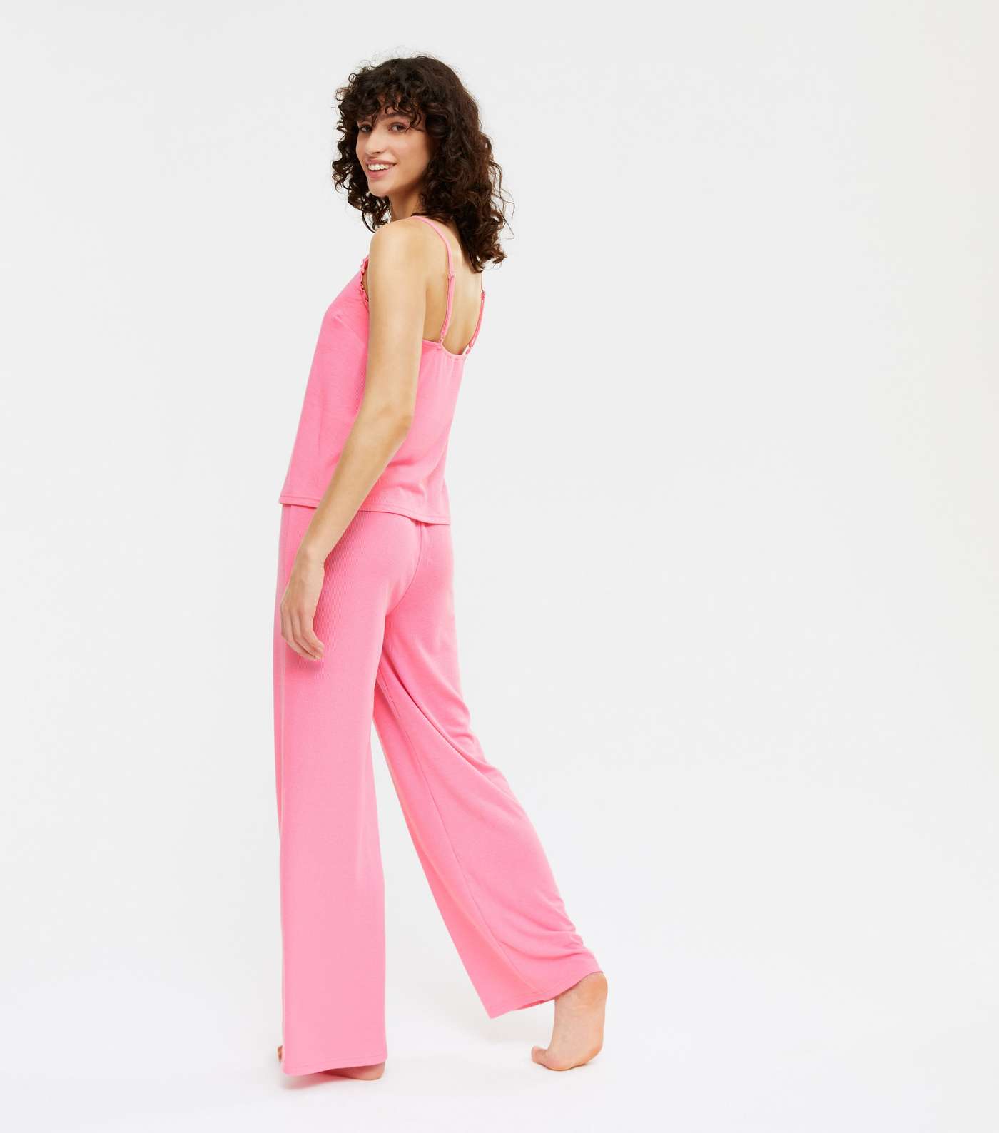 Bright Pink Ribbed Frill Wide Leg Trouser Pyjama Set Image 3