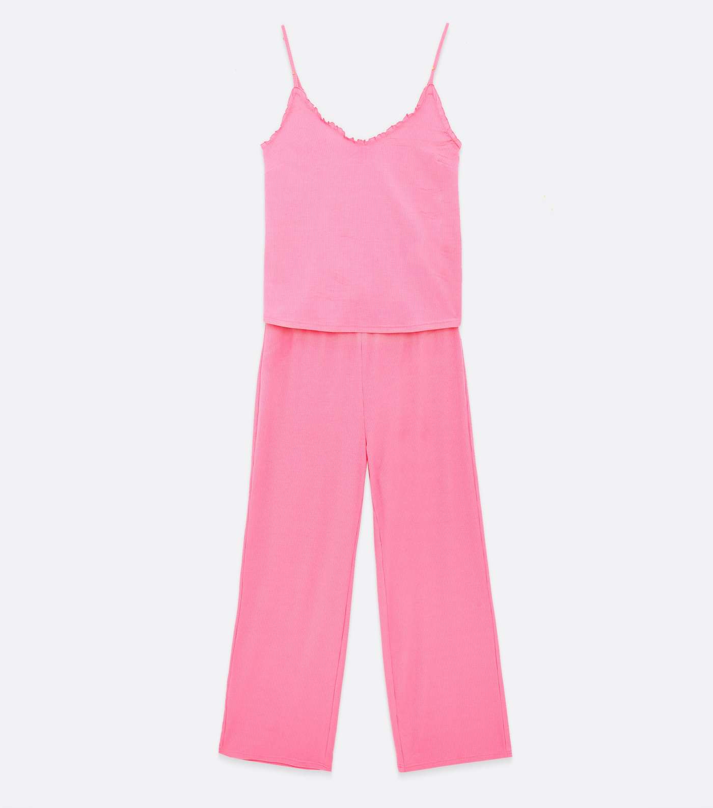 Bright Pink Ribbed Frill Wide Leg Trouser Pyjama Set Image 5