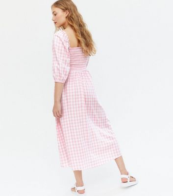 New look shirred midi deals dress in pink gingham