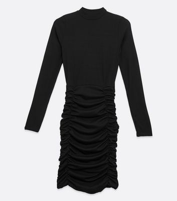 Image of Pink Vanilla Black Ribbed High Neck Ruched Dress New Look