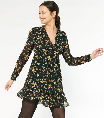 Image of Apricot Green Chiffon Floral Mini Dress New Look