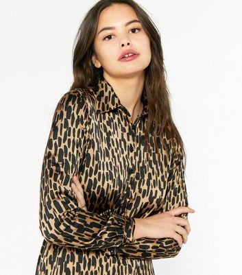 Image of Apricot Stone Satin Brush Stroke Shirt Dress New Look