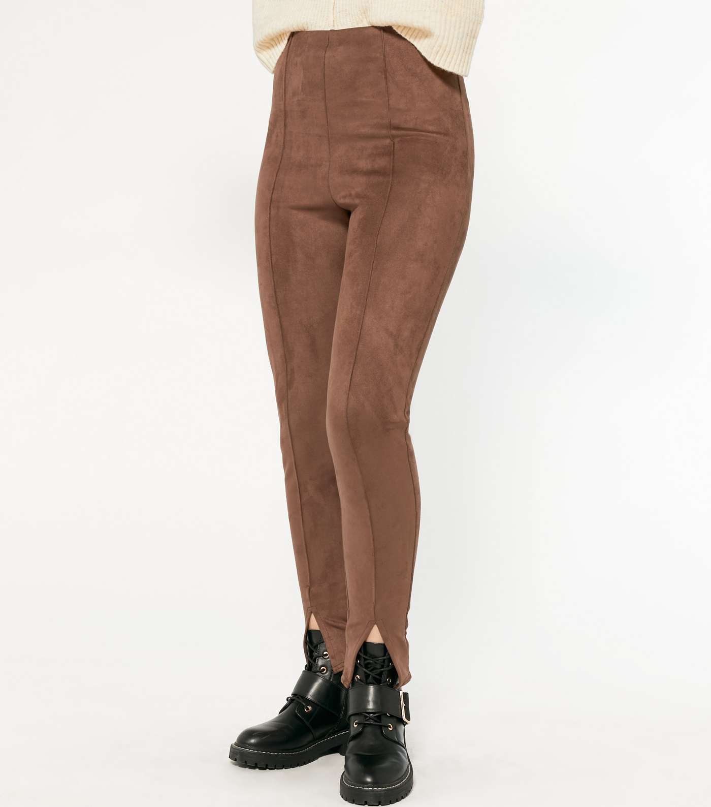 Pink Vanilla Brown Suedette Pintuck Trousers Image 2