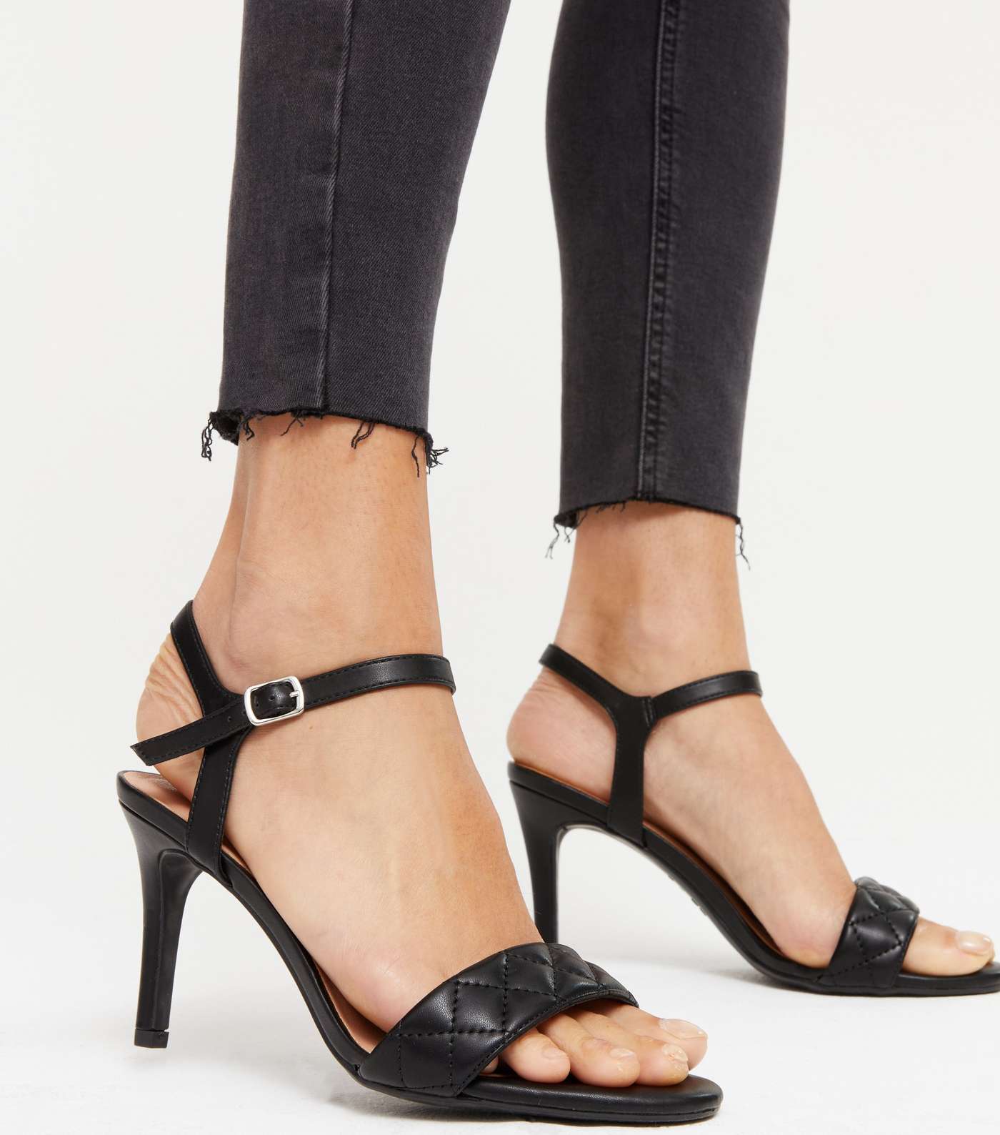 Black Quilted 2 Part Stiletto Heel Sandals Image 2